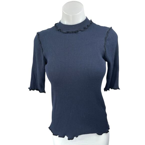 Joie Navy Blue Ribbed Knit Ruffle Short Sleeve Mock Neck Sweater Top Size M - Picture 1 of 4